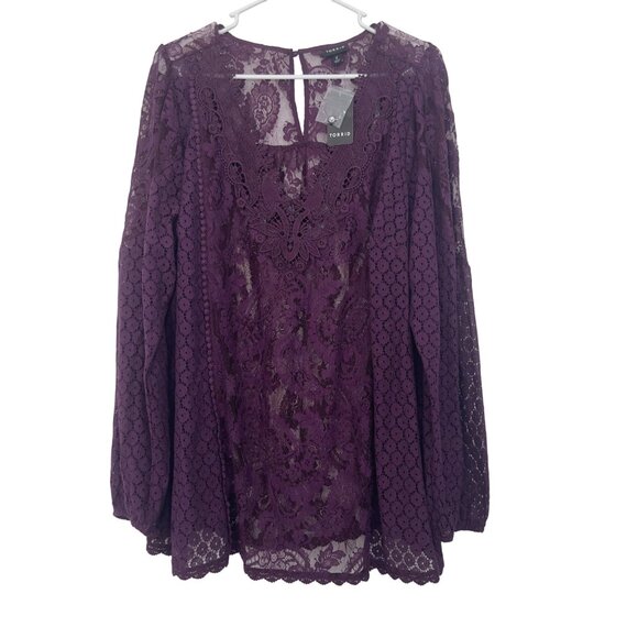 Torrid Womens Sze 2X Lace Mix Long Sleeve Top Blouse Burgandy Sheer V Neck- NEW - Picture 14 of 14